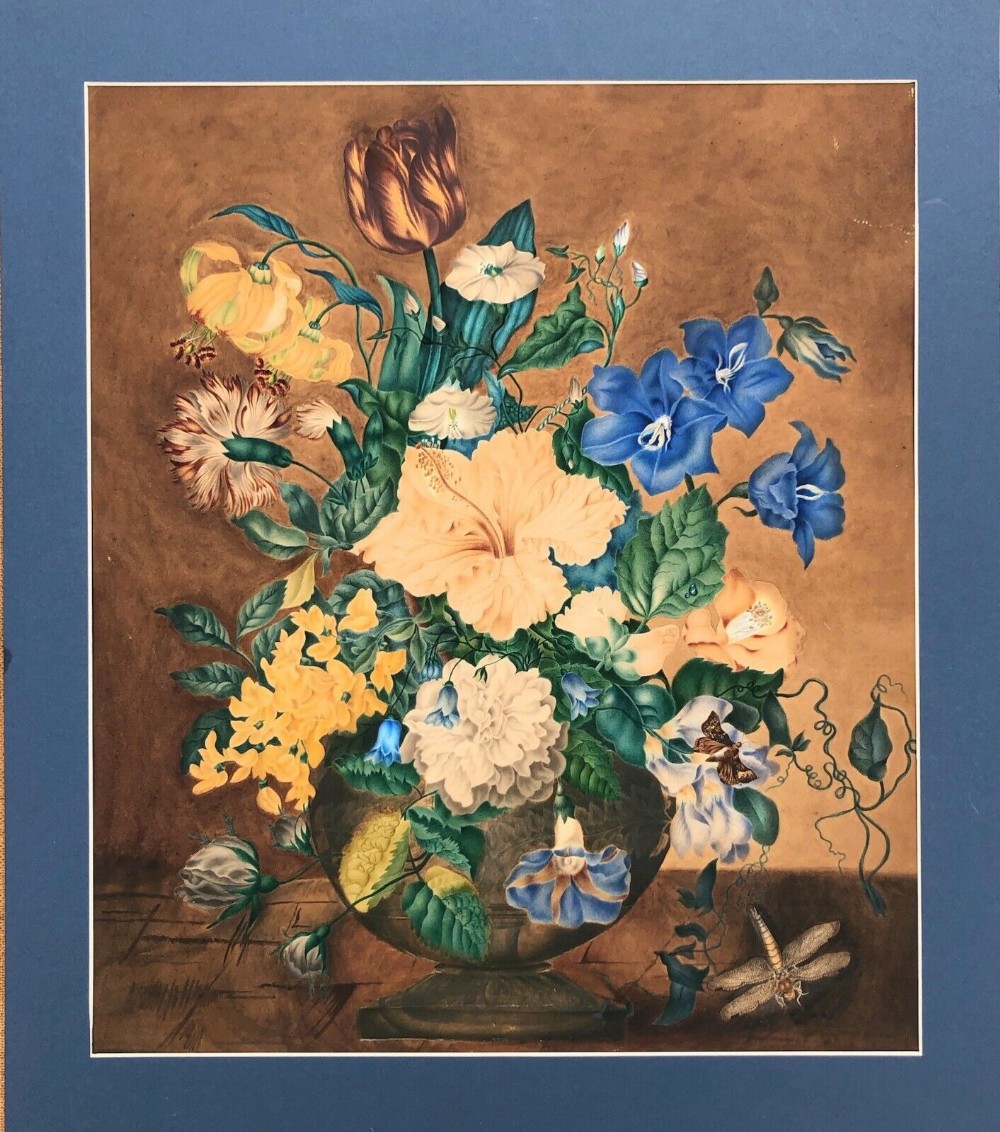 Original Early 20th Century Antique Watercolour Painting Still Life Study of Flowers in a Vase with Dragonfly