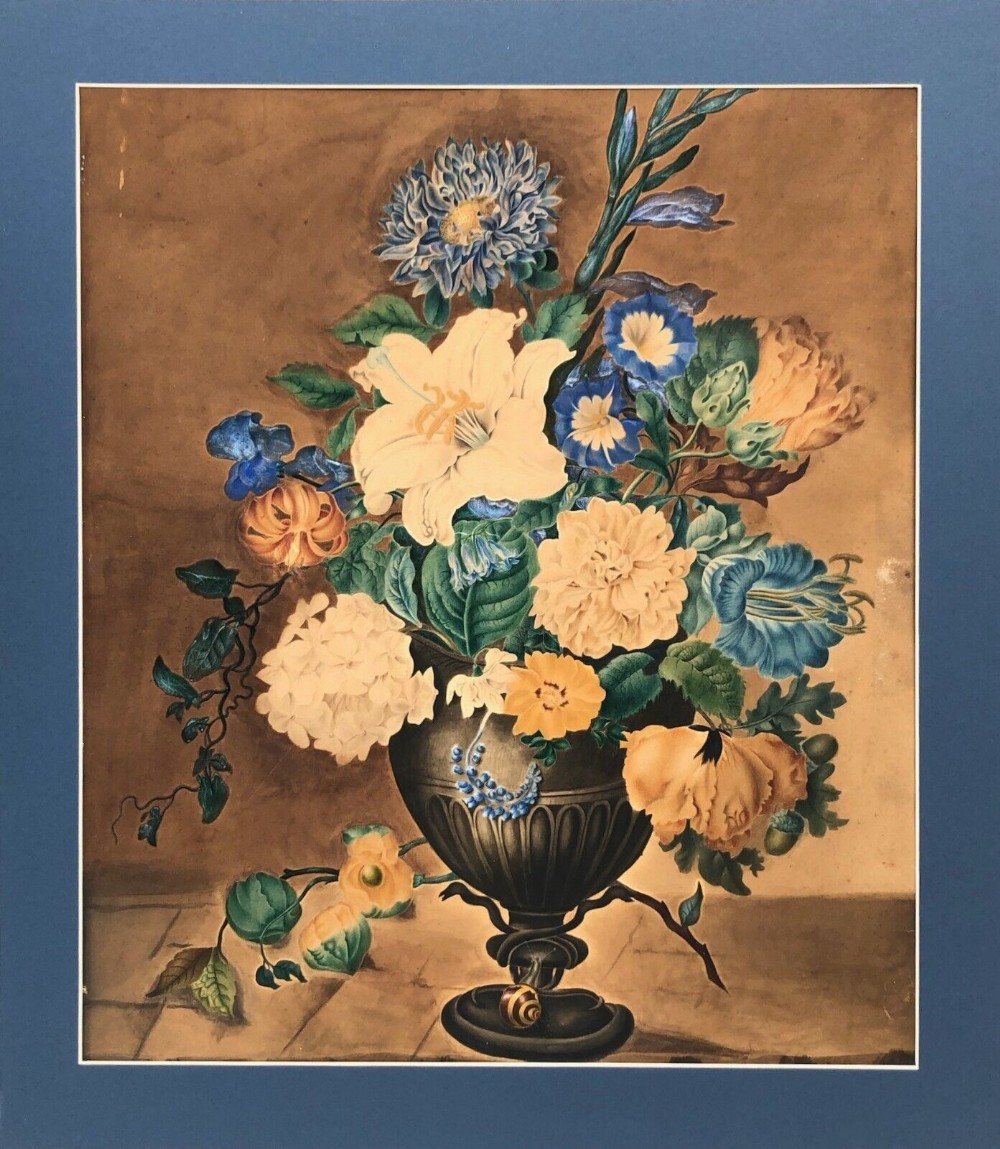 Original early 20th Century English Antique Watercolour Painting Still Life Study of Flowers, Vase & Snail