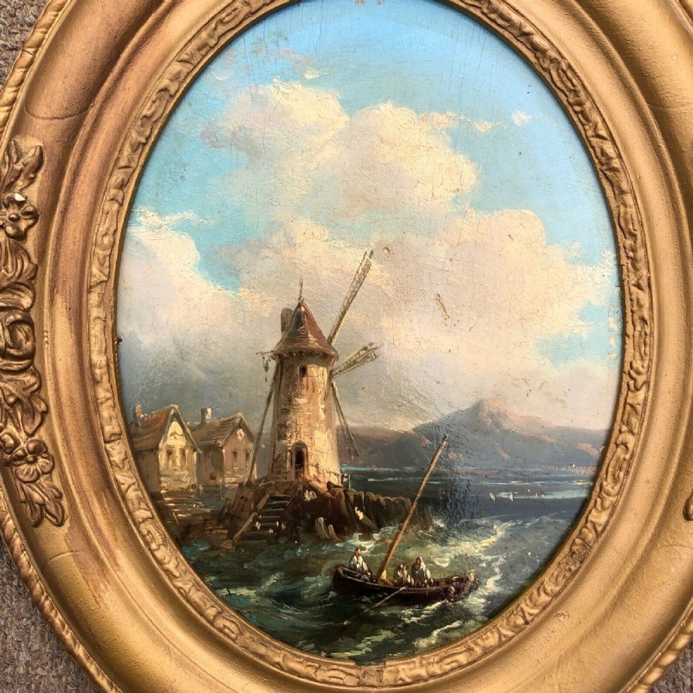 Original 19th Century Antique French School Oil Painting on Oval Wooden Panel Coastal Landscape Harbour & Windmill
