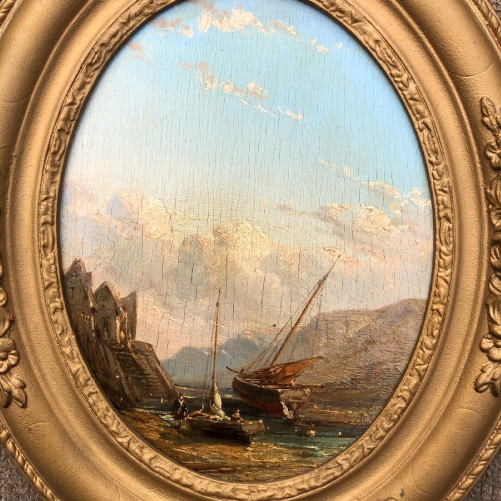 Original 19th Century Antique French School Oil Painting on Oval Wood Panel Coastal View Fishing Village & Boats