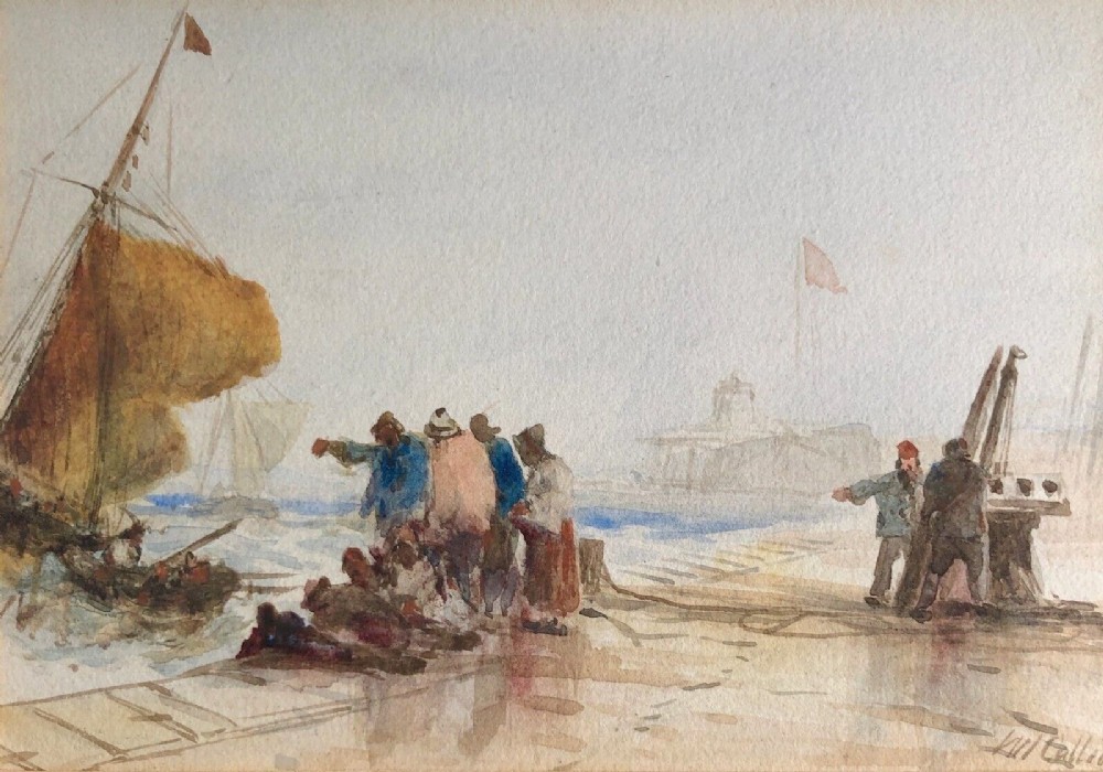 William J Callcott Signed Original 19th Century Antique Watercolour Painting Quayside Fisherman Seascape