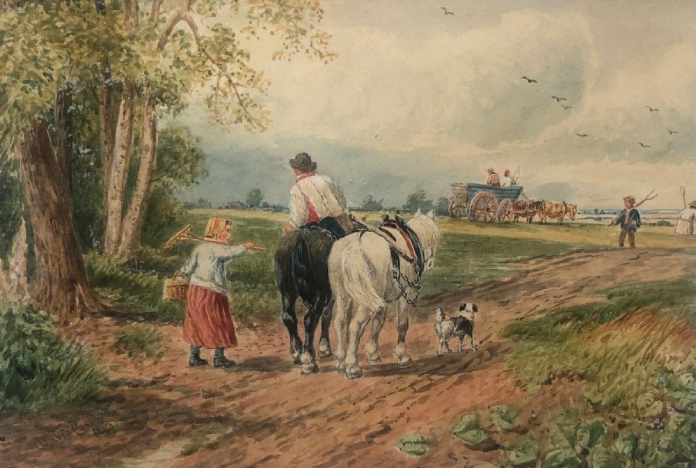 David Cox 1843 Signed Original 19th Century Antique Watercolour Painting Farmworkers In an English Landscape