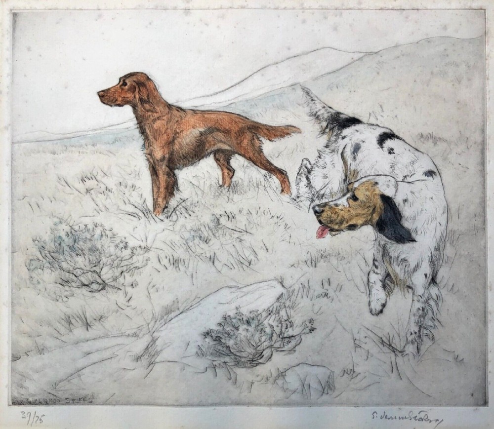 After George Vernon Stokes Signed Limited Edition No 39/75 Etching of Hunting Dogs on English Moorland