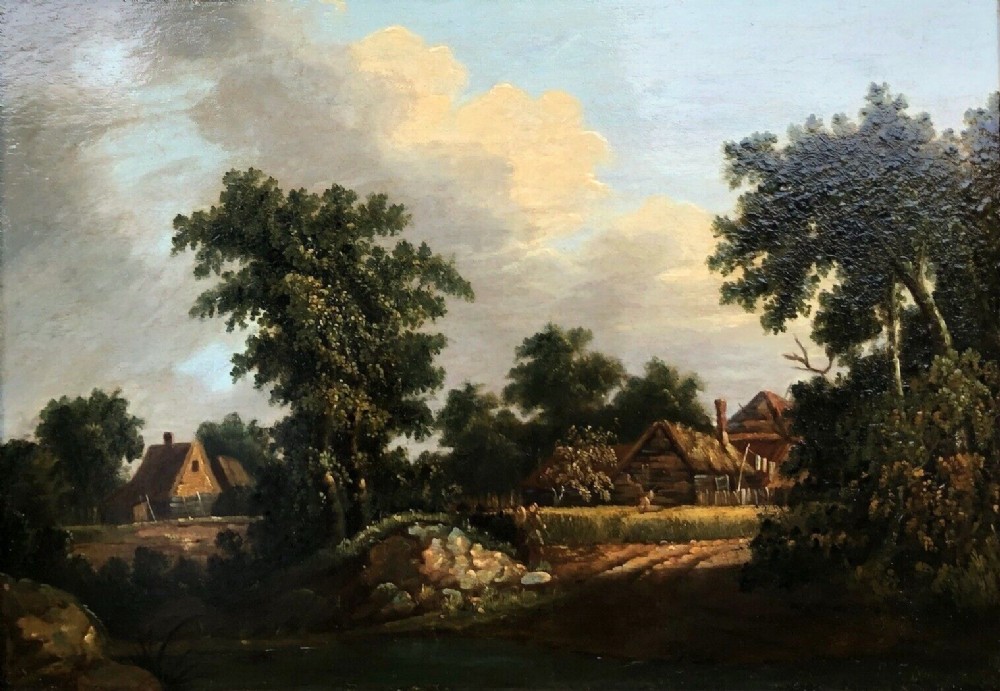 Attributed to Patrick Nasmyth Original early 19th Century Signed Antique Oil Painting on Wood Panel Farm & River English Landscape