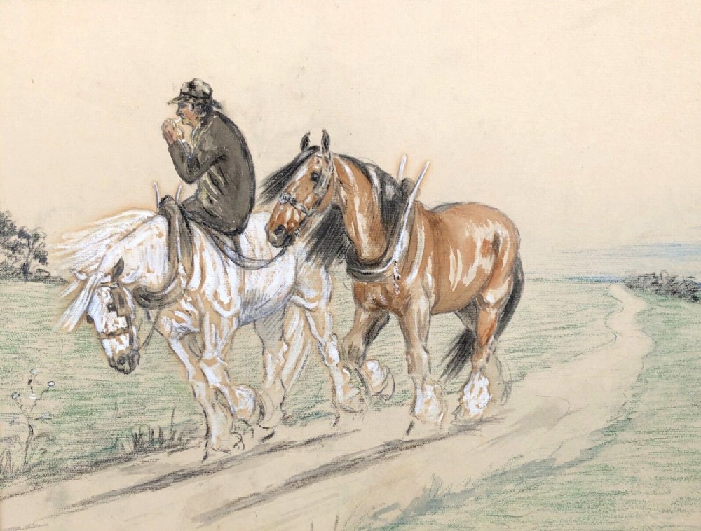 Circle of Herbert St John Jones Original Early 20th Century Antique Signed Pastel & Watercolour Painting, Ploughing Landscape with Shire Horses returning Home