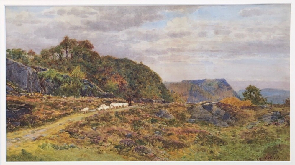 Cyril Ward Signed Late19th Century Original Antique Watercolour Painting Moving Sheep on the Moors English Country Landscape