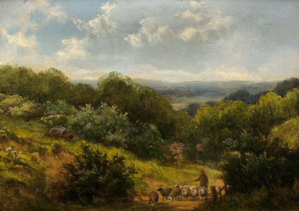 Attributed to Thomas Creswick Signed TC Original mid 19th Century Antique Oil Painting on Canvas Moving Sheep, English Landscape