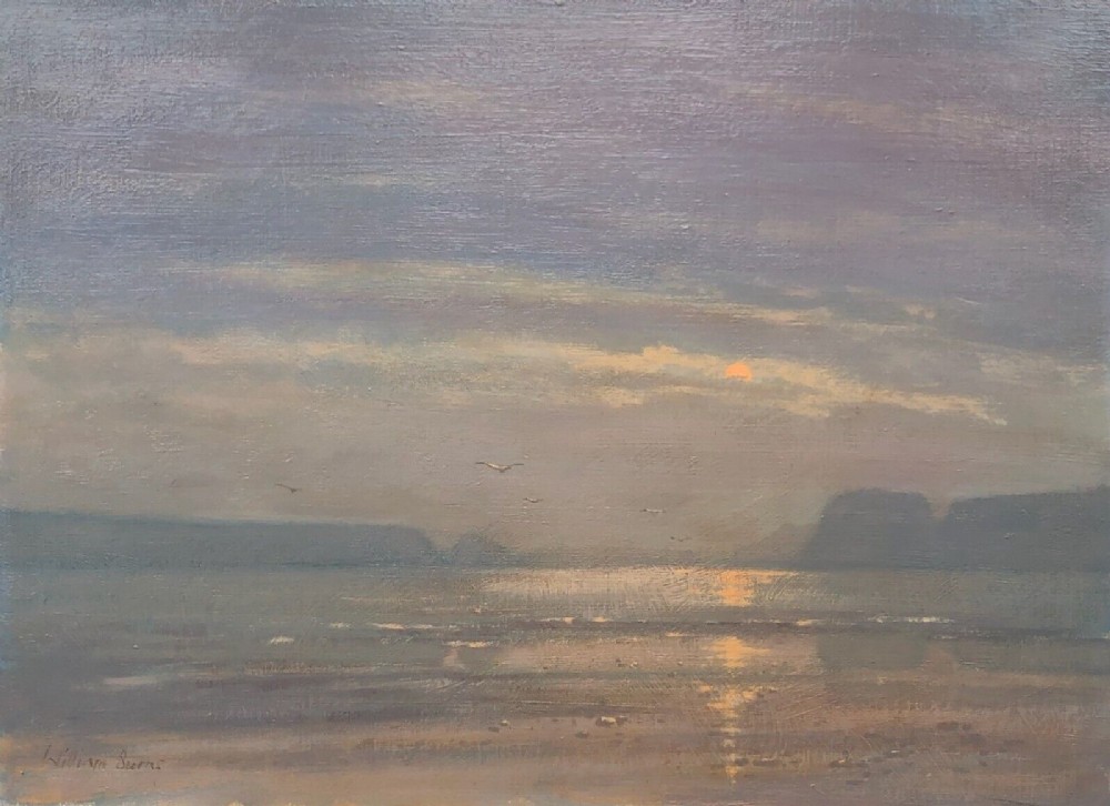 William Burns Signed Original mid 20th Century Vintage Oil Painting on Board Tenby South Wales Sunset British Coastal Landscape