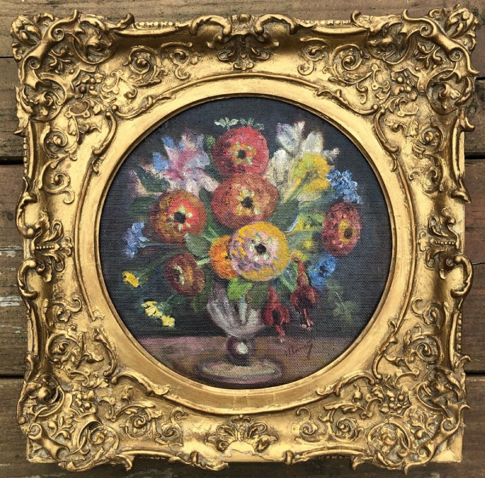 Signed MANET Original Early 20th Century Antique Oil Painting on Board Still life flowers in a vase in  an Old Ornate Decorative Gilt Frame