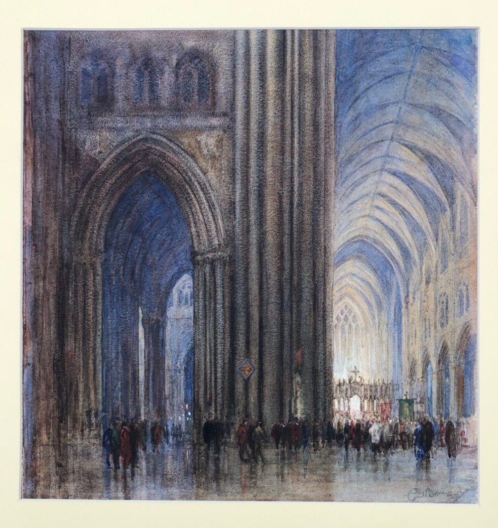 CHARLES JAMES BARRAUD RA Signed Original 19th Century Antique Watercolour Painting Cathedral Church Interior Titled, The Midnight Mass, 