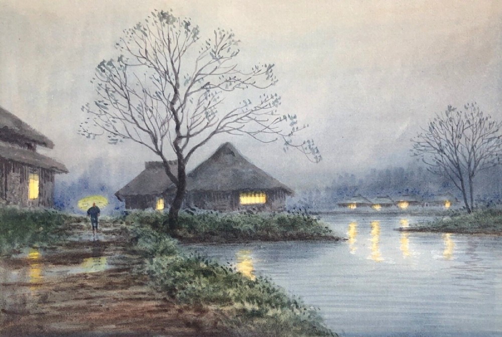 Japanese School Original early 20th Century Antique Watercolour Painting Night Time Lake Landscape