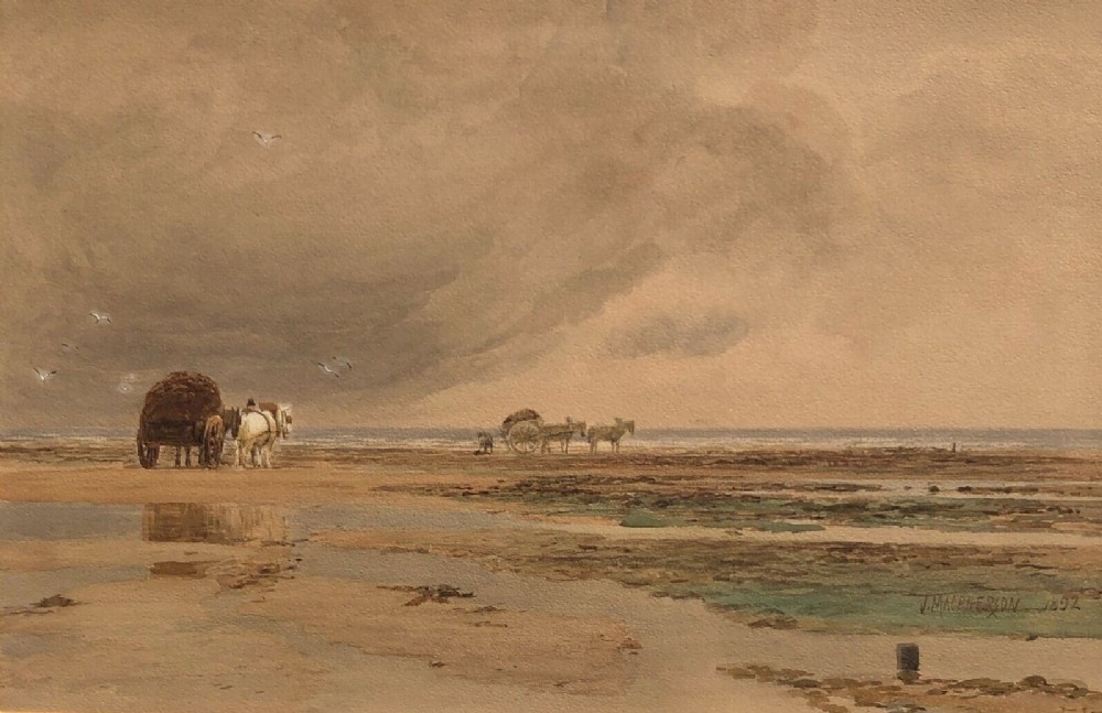 John MacPherson 1892 Signed Original 19th Century Antique Watercolour Painting Seaweed Gathers at the Coast English Landscape