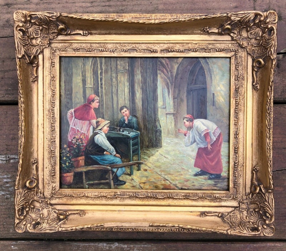 Original mid 20th Century Continental School Vintage Oil Painting on Panel Games in a Church Interior in Ornate Frame