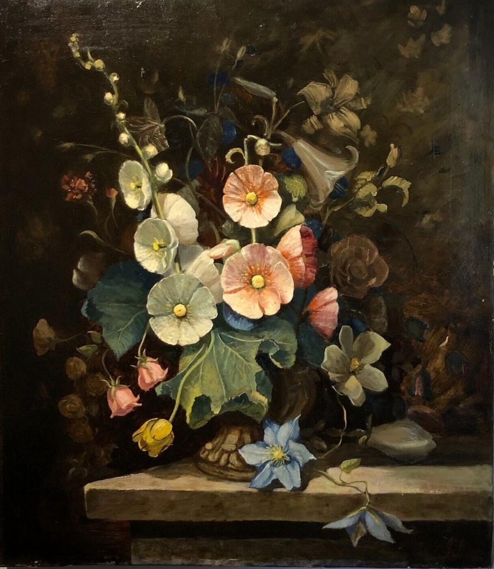 Original Signed 19th Century English Antique Oil Painting on Canvas Still Life Study of Hollyhock Flowers in an Urn