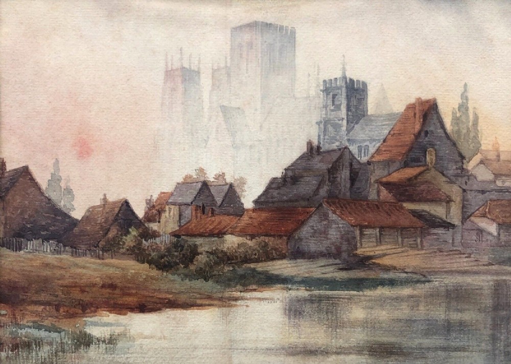 Original 19th Century English Antique Watercolour Painting of York with Distant View of the Minster Historic Yorkshire Landscape