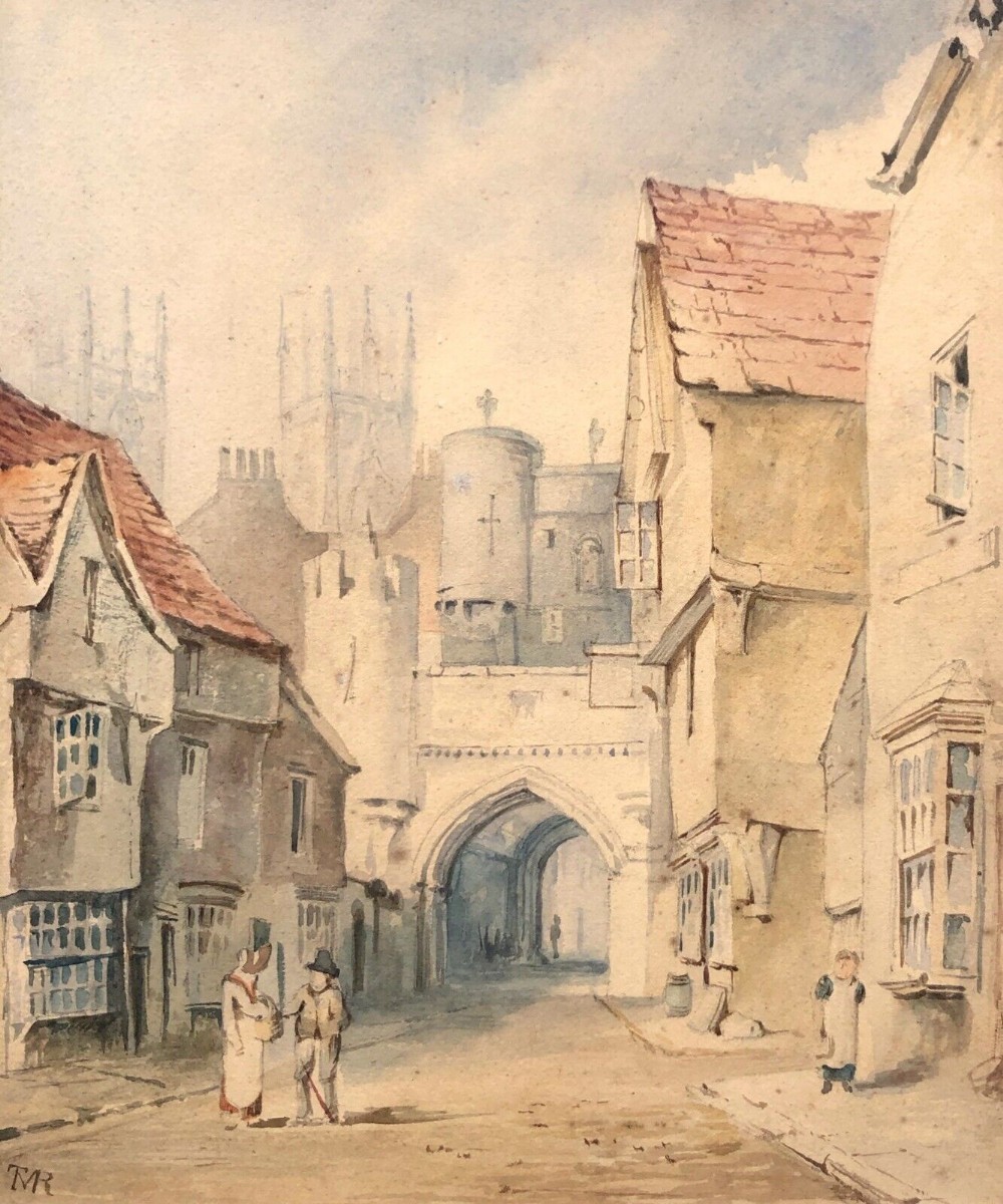 Original Signed early 19th Century English Antique Watercolour Painting of Bootham Bar, York Historic Yorkshire Landscape
