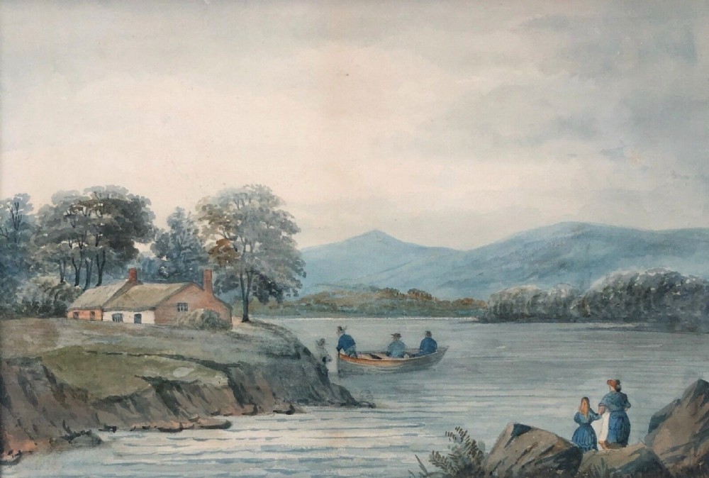 English School Original 19th Century Antique Watercolour Painting Group of Men Fishing in a Small Wooden Boat Lake Landscape 