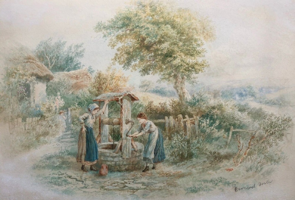 Bernard Foster Signed Original 19th Century Victorian Antique Watercolour Painting Female Figures by a Well English Landscape