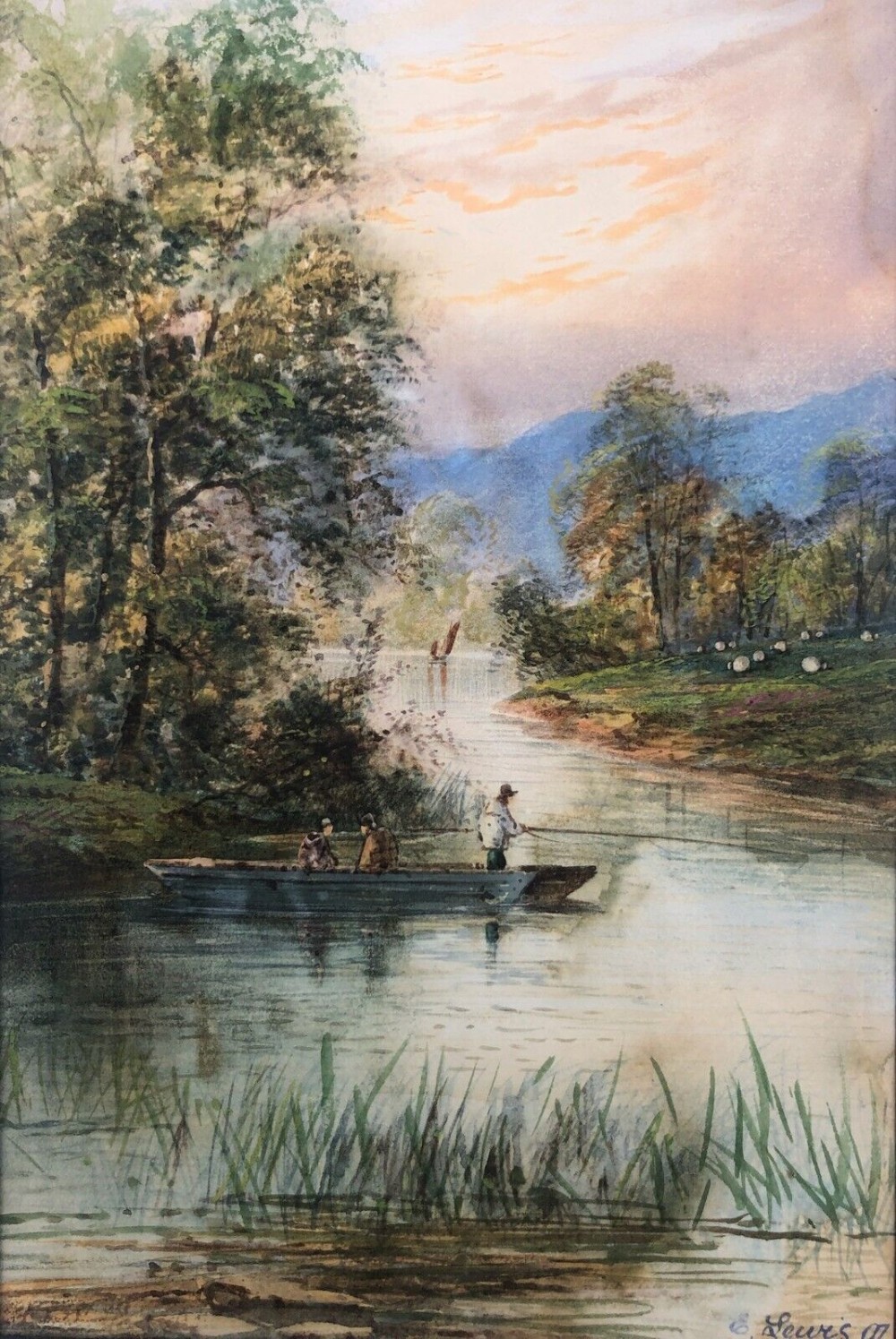 E Lewis 1897 Signed Original 19th Century Antique Watercolour Painting Fishing on a River Landscape