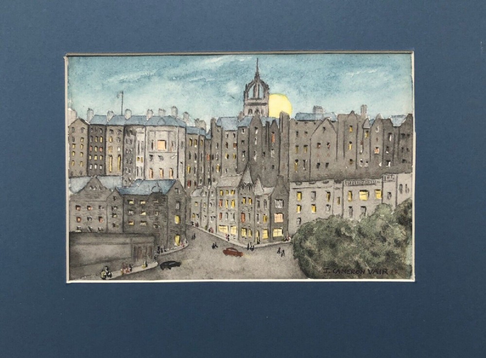 J Cameron Vair Signed Original Watercolour Painting Edinburgh Town Street View Scottish Landscape