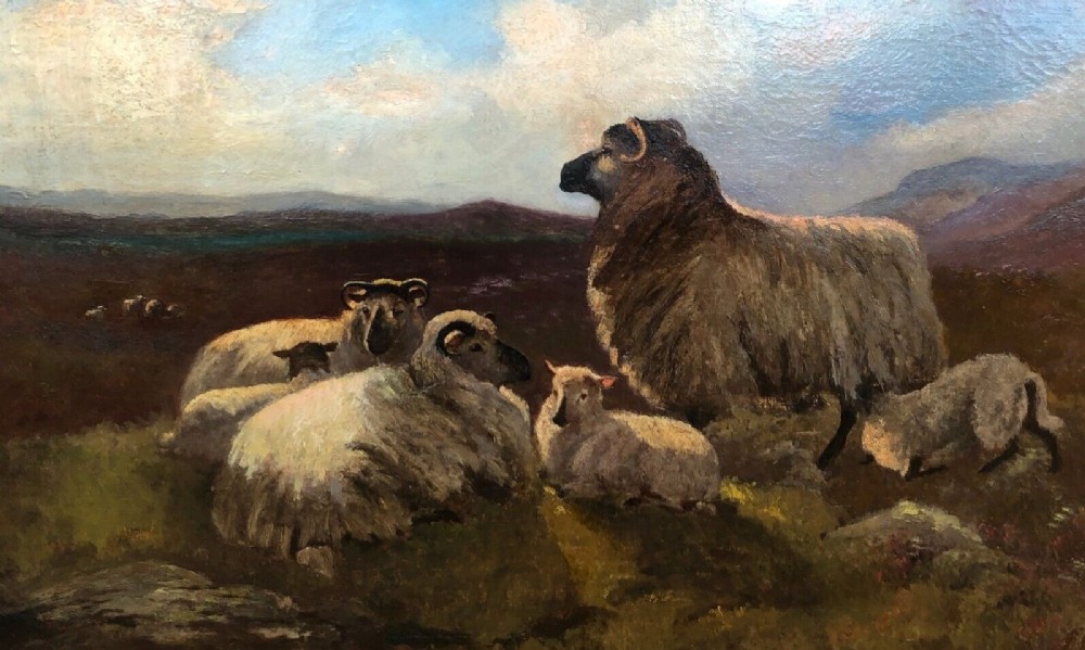 Signed W Hallam 1917 Original Early 20th Century Antique Oil Painting on Canvas Moorland Sheep Resting in a Scottish Landscape