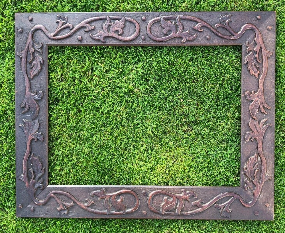 Antique Late 19th Century Art Nouveau Arts and Crafts Carved Decoration Wooden Picture Frame Rebate 60 x 44 cm