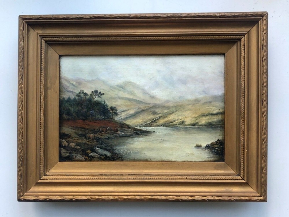 Signed with Initials MEL & Dated 1913 original Early 20th Century Antique Oil Painting on Canvas Highland Cattle in Scottish Landscape