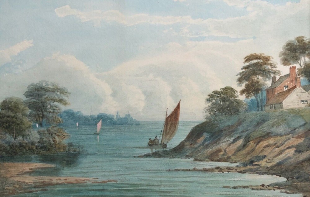 Signed H Magenis 1885 Original 19th Century Antique Watercolour Painting Lake with Sailing Boats Landscape
