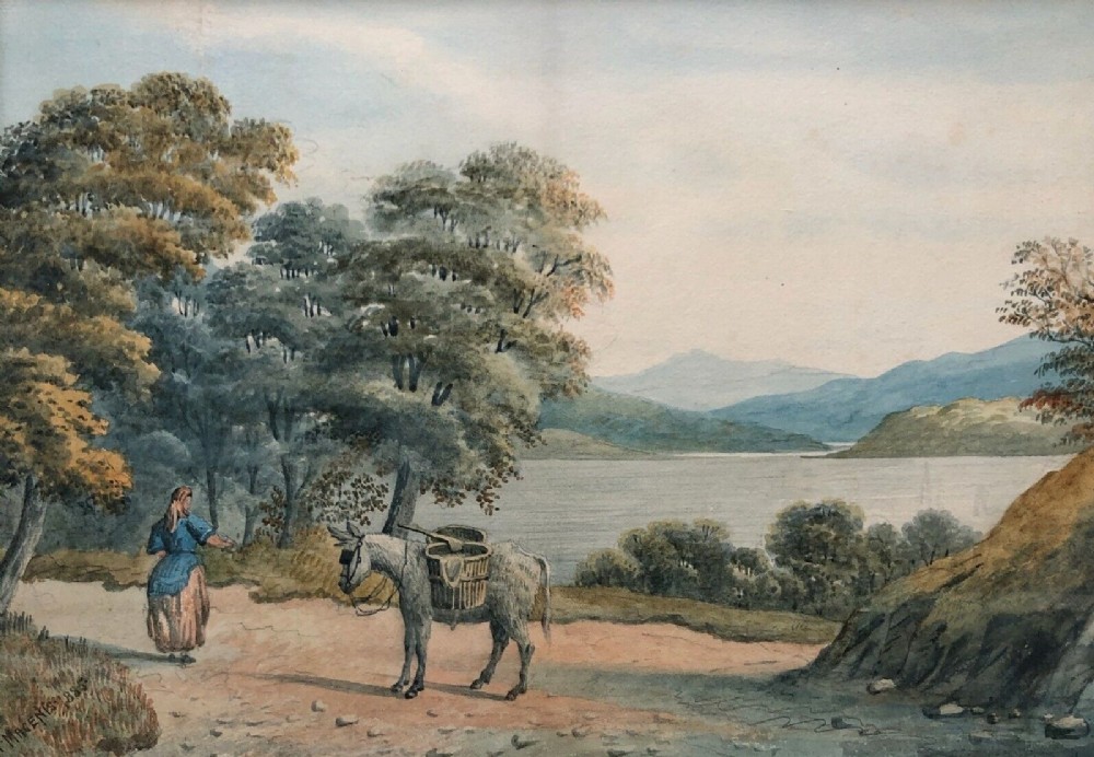 H Magenis 1885 Signed Original 19th Century Antique Watercolour Painting Donkey & Lakeside Scene, English Landscape