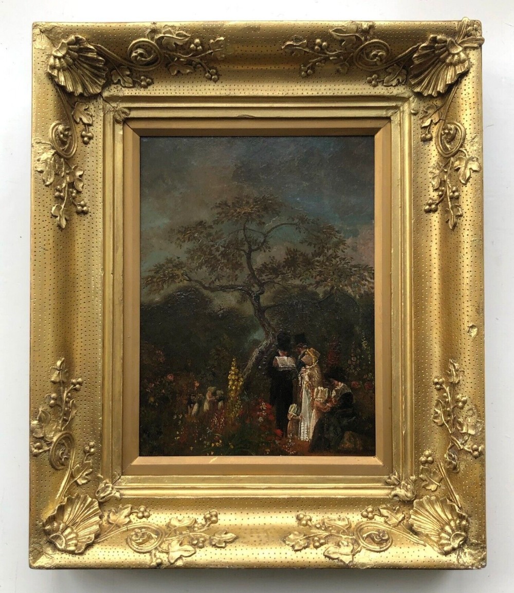Original Early 19th Century Antique English School Oil Painting on Card Figures in a Garden presented in Ornate Gilt Frame