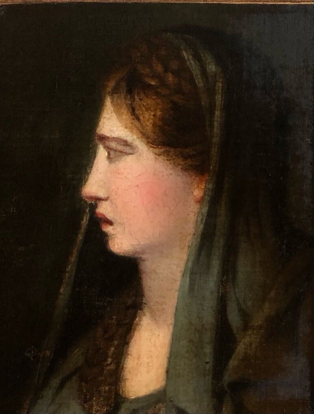 Circa 18th Century Original Antique Oil Painting On Canvas laid onto Card Side Profile Portrait of a Lady in Classical Veil & Dress