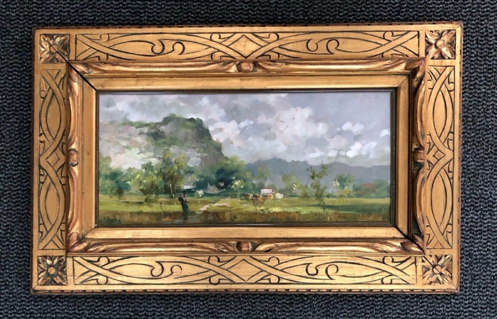 Carlo Follini (Circle of) Original Signed Antique Italian Oil Painting on Board Cattle Landscape in Substantial Wooden Carved Glazed Frame