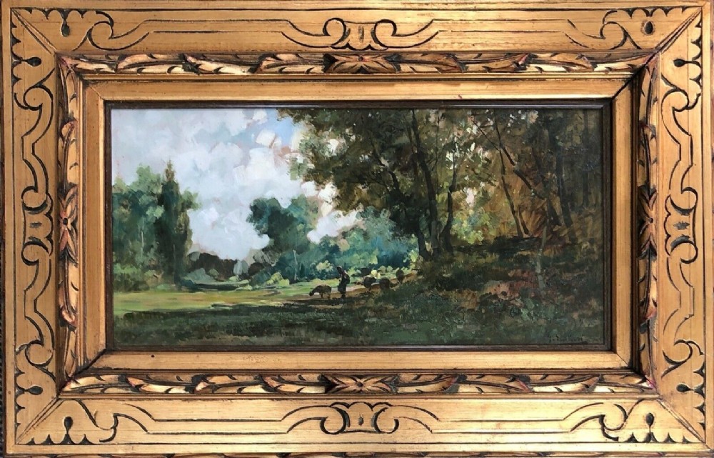 Carlo Follini (Circle of) Signed Italian Antique Oil Painting on Board Pastoral Sheep Landscape in Carved Wooden Glazed Frame