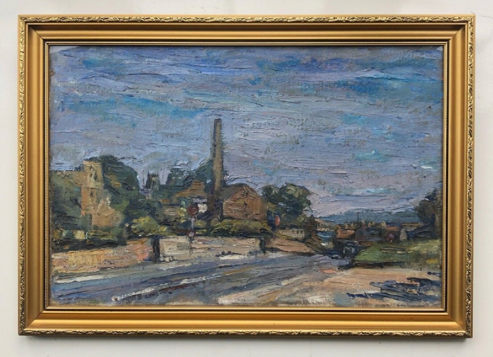 British School Early 20th Century Original Impasto Oil Painting Townscape Church & Chimney Tower Landscape
