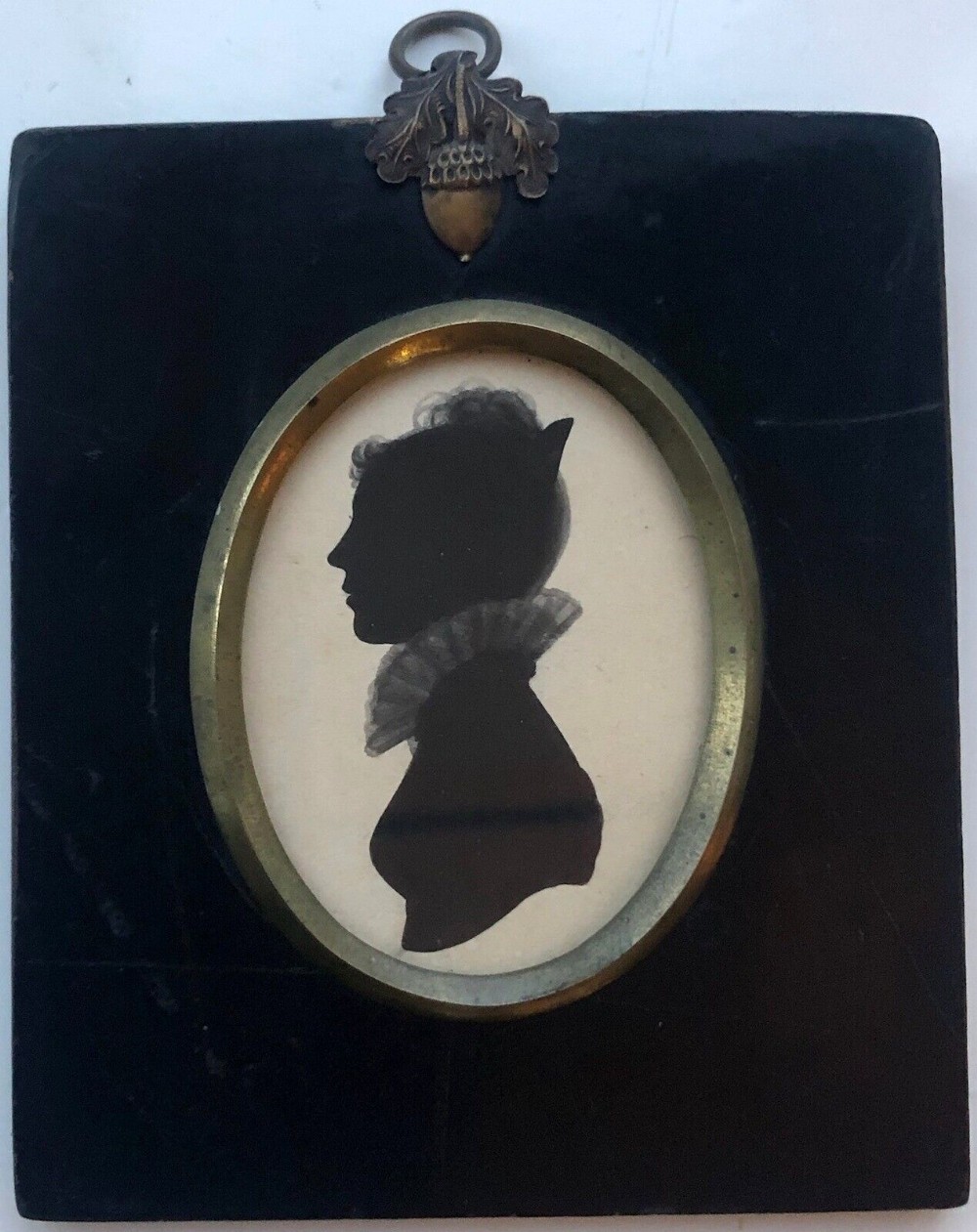 Original early 19th Century Victorian Antique Miniature Silhouette Bust of a Lady with Lace Collar