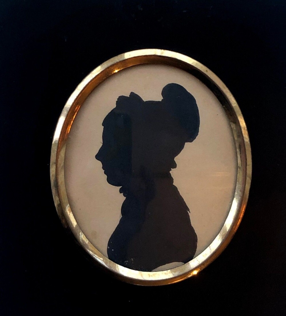 Original 19th Century Antique Miniature Silhouette Bust Portrait of a Lady Wearing a Bonnet