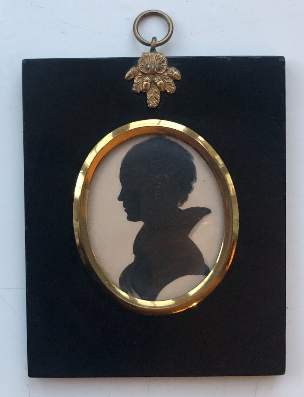 Original 19th Century Victorian Antique Miniature Silhouette Bust of Lady Black Paper with Watercolour Wash