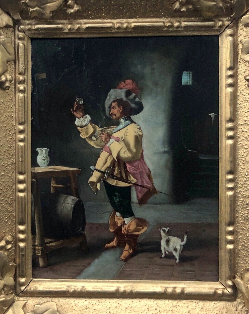 Original 19th Century Antique Oil Painting on Wood Panel Cavalier Drinking in Interior Scene