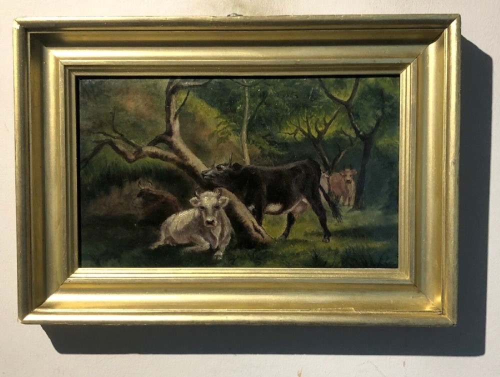 Antique 1895 Original Oil Painting Canvas laid on Board Cattle Resting in a Woodland Landscape