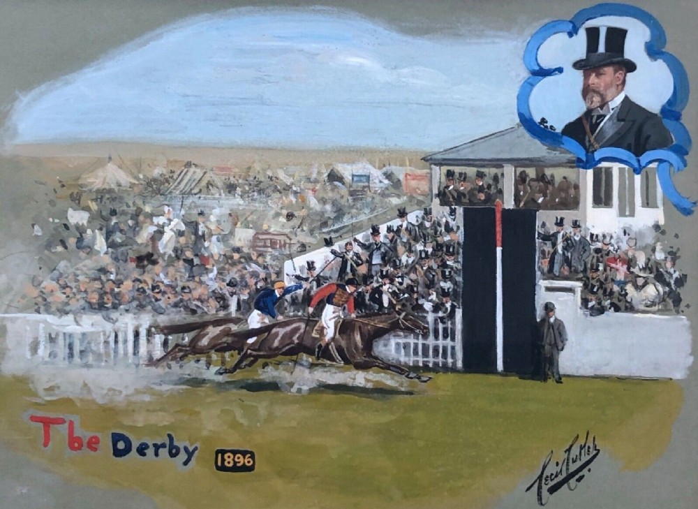CECIL CUTLER (1886-1934) 1896 Signed Original 19th Century Gouache Watercolour Painting Horse Racing  'THE DERBY 1896' 