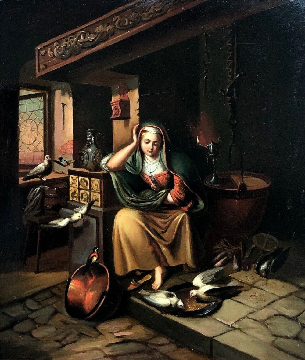 Original Antique Oil Painting on Tin Panel Study of a Young Lady feeding Pigeons in the Hearth Interior Scene