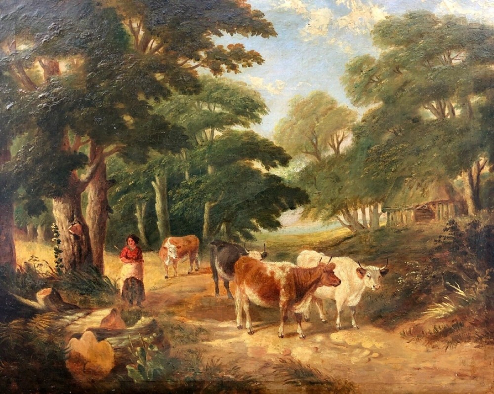 Original 19th Century Antique English Oil Painting on Canvas Cattle & Figure in a Country Lane Landscape
