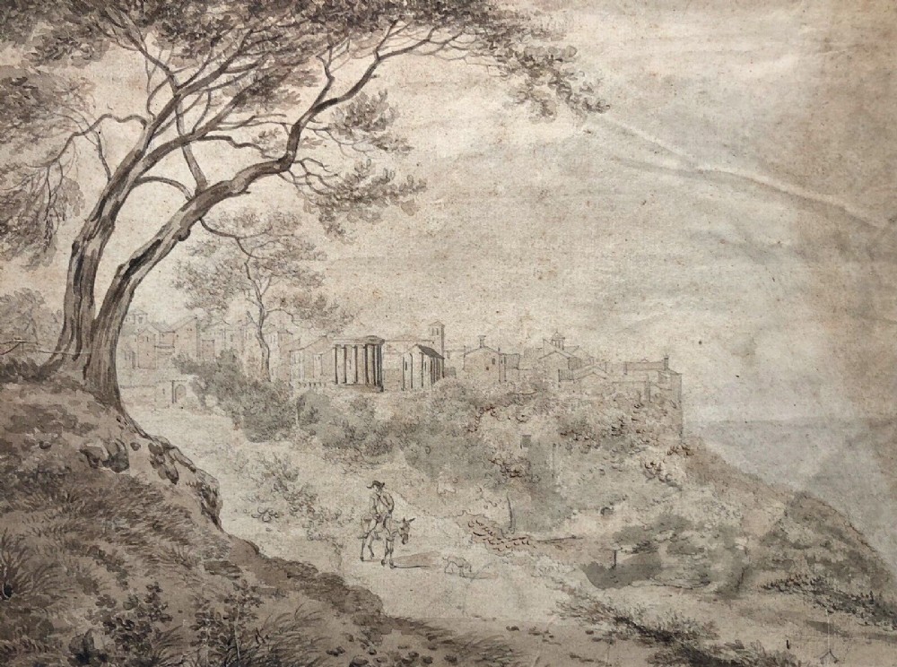 Attributed to Julius Schnorr von Carolsfeld Original early 19th Century Antique Grisaille Watercolour Painting A Capriccio Landscape on D & C Blauw Laid Paper