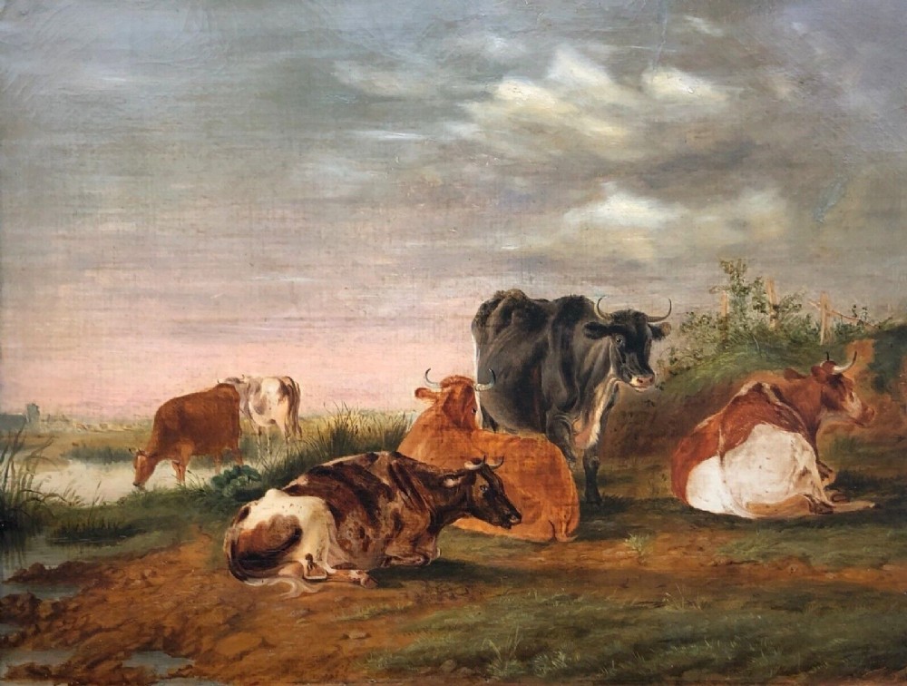 Signed J T Meggeson 1855 Original 19th Century Antique Oil Painting on Canvas Cattle Resting in an English Country Landscape