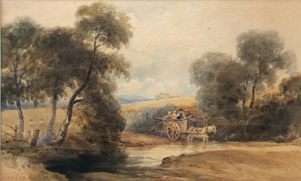 Signed David Cox 1845 Original 19th Century Antique Watercolour Painting Horse & Cart with Farmworkers in an English Landscape