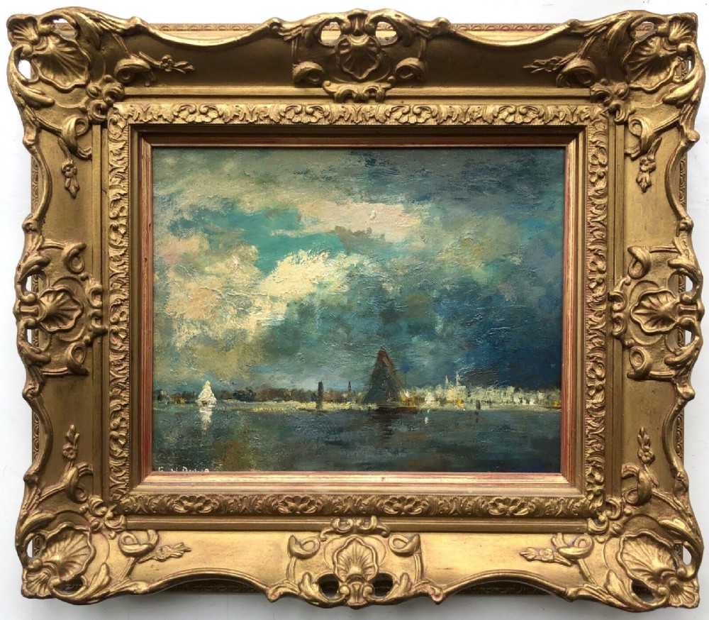Indistinctly Signed F W Burns Original early 20th Century Oil Painting on canvas attached to Board, Shipping off River, Scottish Impressionist Seascape