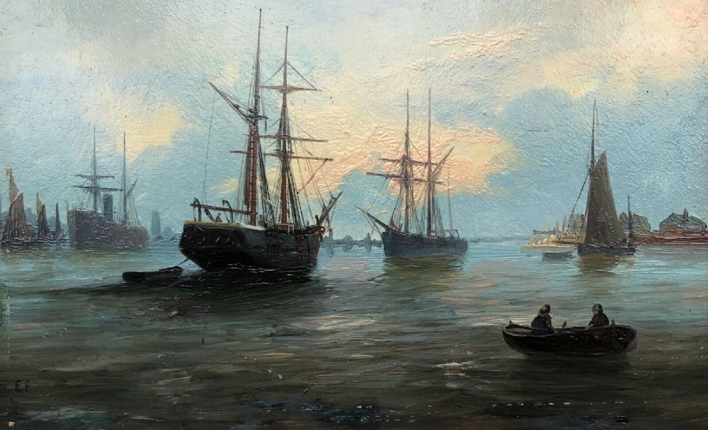 Signed E.F. Circle of Edwin Fletcher, Original Late 19th Century Antique Oil Painting on Board Thames Shipping Riverscape