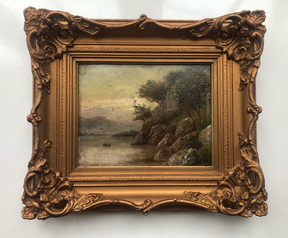 Original 19th Century English School Antique Oil Painting on Board Rocky Lake landscape 