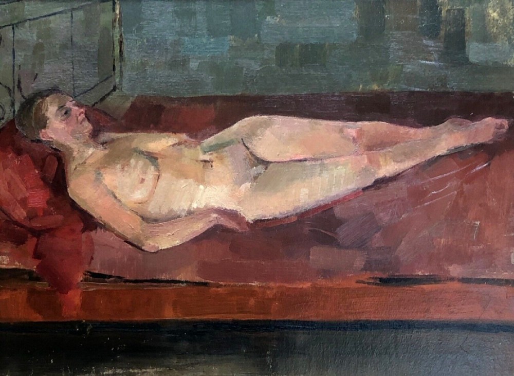 Mid 20th Century English School Vintage Oil Painting on Board Portrait of a Reclining Female Nude