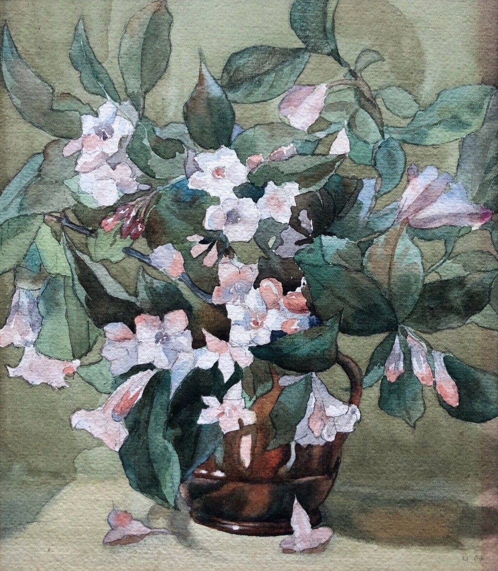Signed O.H. Olive Higginbottom Original Antique Watercolour Painting, Still Life Flower Study Pink flowers in a Brown Jug